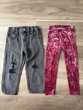 Girl’s Black Slouchy Denim and Magenta Crushed Velvet Leggings